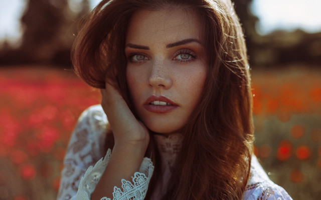 Woman blueeyes flowerfield portrait blurry free wallpaper for desktop - medium preview image