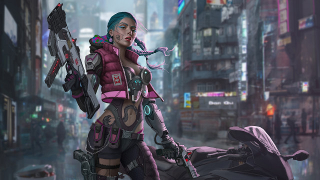 Futuristic citywoman cyberpunk aquahair braided free wallpaper for desktop - medium preview image