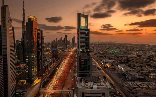 City skyline sunset street light free wallpaper for desktop - medium preview image