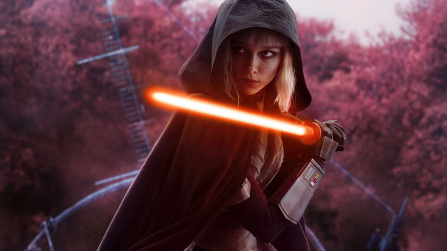 Hooded woman holding lightsaber red free wallpaper for desktop - medium preview image