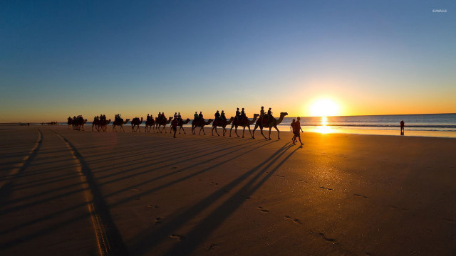 Beach sunset horseback riders ocean free wallpaper for desktop - medium preview image
