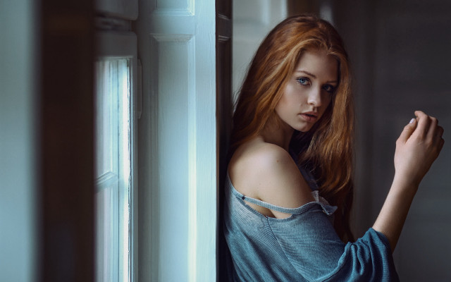 Red haired woman leaning wall #2 free wallpaper for desktop - medium preview image