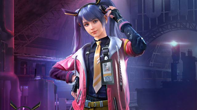 Woman pinkjacket bluehair blueeyes cityscape free wallpaper for desktop - medium preview image