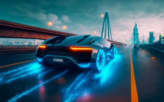 Futuristic car night city bridge free wallpaper for desktop - medium preview image