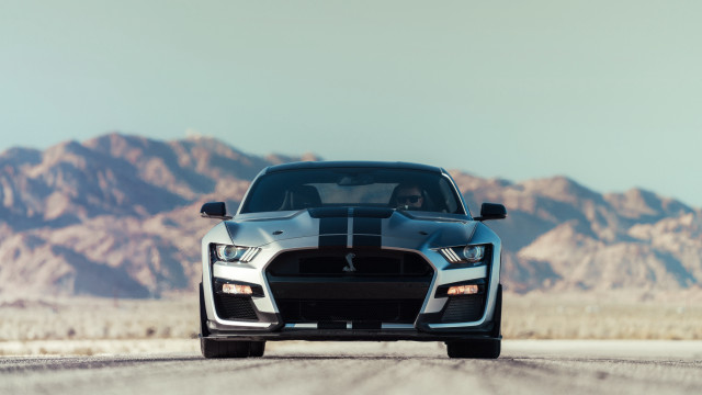Silver mustang desert road mountains free wallpaper for desktop - medium preview image
