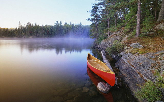 Canoe dock lake fog trees free wallpaper for desktop - medium preview image