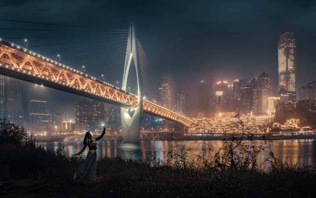 Night cityscape bridge hill cyberpunk free wallpaper for desktop - medium preview image