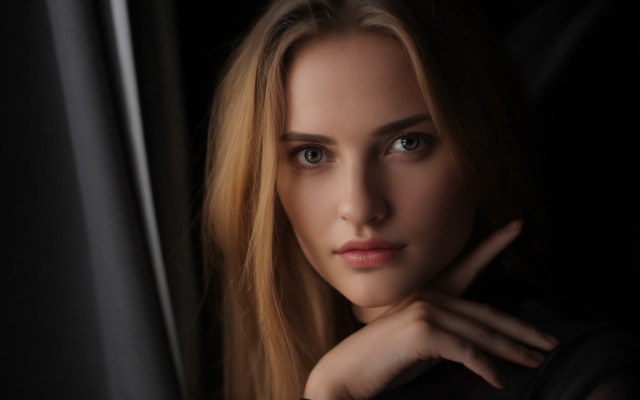 Blonde woman blue eyes dark free wallpaper for desktop - medium preview image