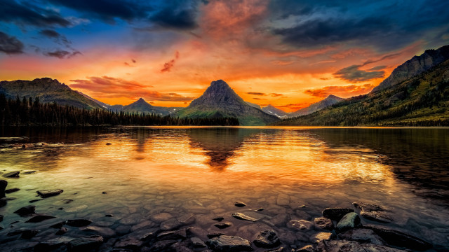Sunset mountain lake rocks nature free wallpaper for desktop - medium preview image