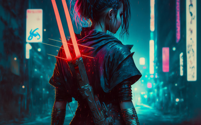 Woman red lightsaber cyberpunk city free wallpaper for desktop - medium preview image