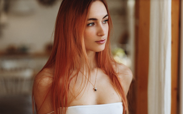 Redhair smiling portrait artnouveau bareshoulders free wallpaper for desktop - medium preview image