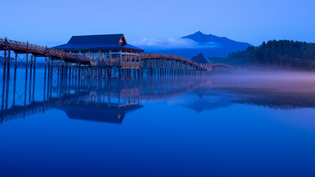 Dusk dock house mountain fog free wallpaper for desktop - medium preview image