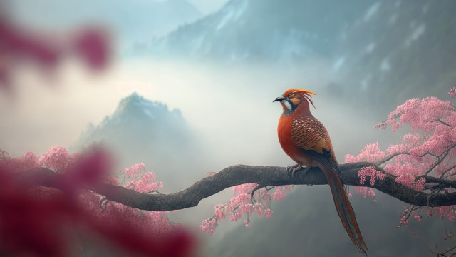 Bird branch cherryblossoms mountain pinkflowers free wallpaper for desktop - medium preview image