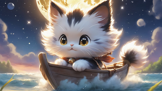 Cat boat fullmoon starry sky free wallpaper for desktop - medium preview image