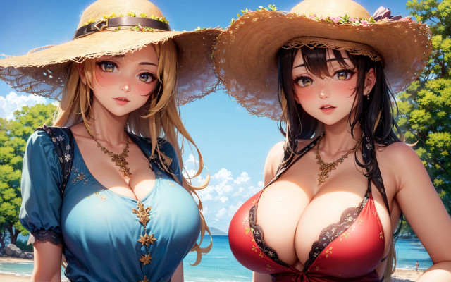 Beach girls hats lace dress free wallpaper for desktop - medium preview image
