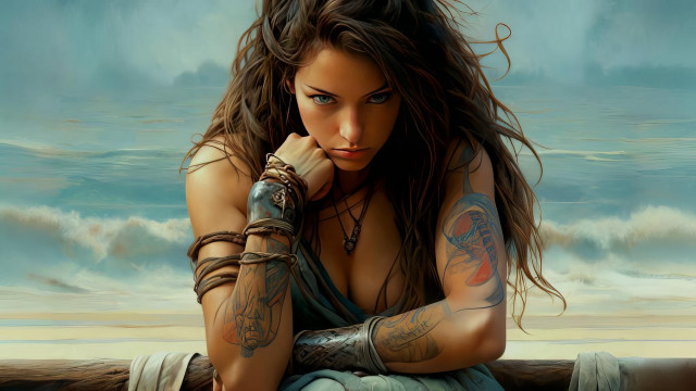 Tattooed woman ocean bench digital free wallpaper for desktop - medium preview image