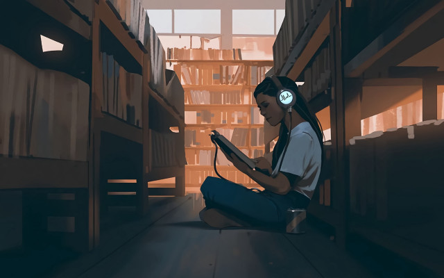 Girl sitting library headphones reading free wallpaper for desktop - medium preview image
