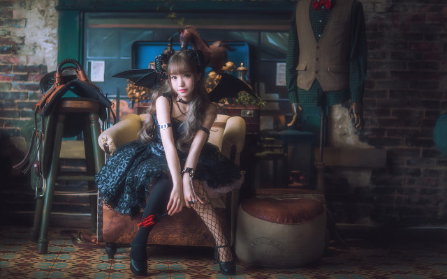 Woman brick wall clock fantasy free wallpaper for desktop - medium preview image