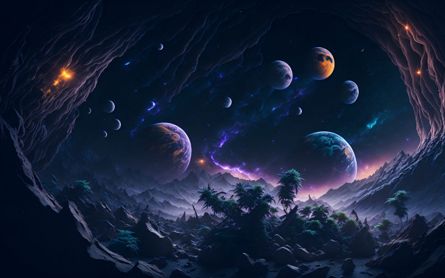 Landscape planets trees mountain night free wallpaper for desktop - medium preview image