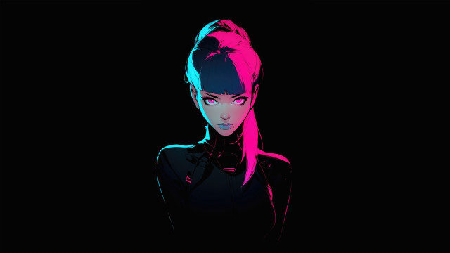 Pink hair serious woman synthwave free wallpaper for desktop - medium preview image