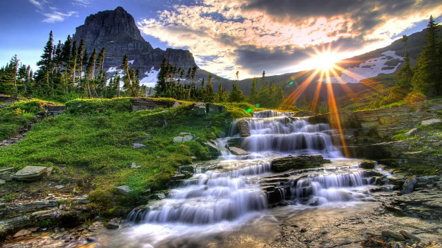 Waterfall mountain sunshine nature landscape #2 free wallpaper for desktop - medium preview image