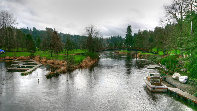 Boat bridge water trees green free wallpaper for desktop - medium preview image