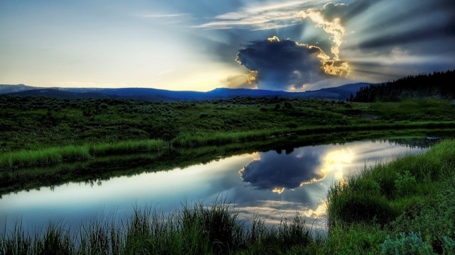 River mountain reflection sky grass free wallpaper for desktop - medium preview image