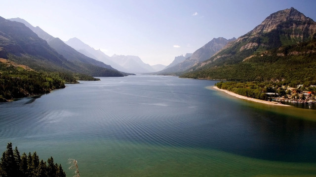 Lake mountains trees town sunset free wallpaper for desktop - medium preview image