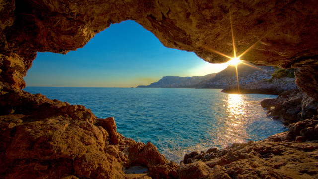 Ocean cave sunlight reflection mountain free wallpaper for desktop - medium preview image