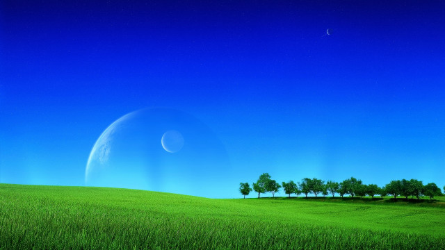 Green field crescent moon trees free wallpaper for desktop - medium preview image