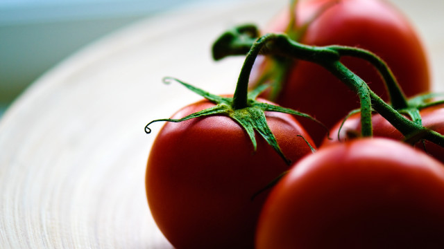 Tomatoes plate closeup macro photorealism free wallpaper for desktop - medium preview image