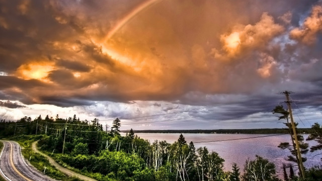 Rainbow road lake trees sunset free wallpaper for desktop - medium preview image