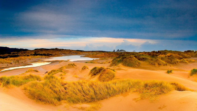 Sandy water grass cloudy sky free wallpaper for desktop - medium preview image