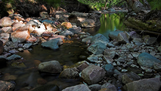 Lush forest stream rocks mountains free wallpaper for desktop - medium preview image