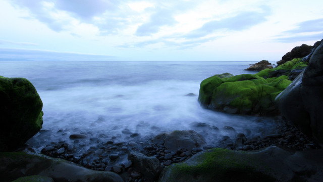 Rocky beach moss water cliffs free wallpaper for desktop - medium preview image