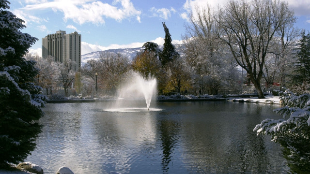 Cherryl fountain snow trees building free wallpaper for desktop - medium preview image
