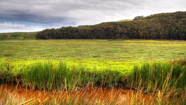 Grassy field stream mountain clouds free wallpaper for desktop - medium preview image
