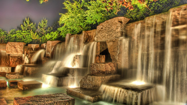 Waterfall rocks bench tree architecture free wallpaper for desktop - medium preview image