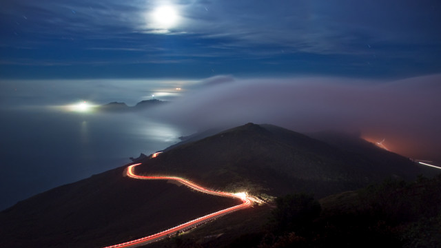 Mountain road night fullmoon lake free wallpaper for desktop - medium preview image