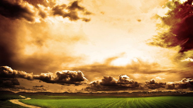 Green field dirt road cloudy free wallpaper for desktop - medium preview image