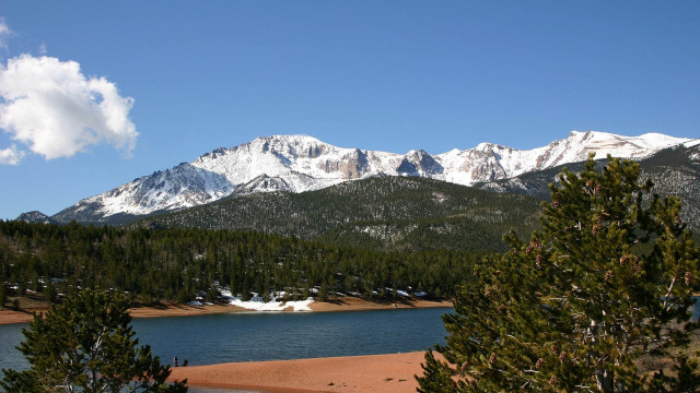 Lake mountains trees snow clouds free wallpaper for desktop - medium preview image