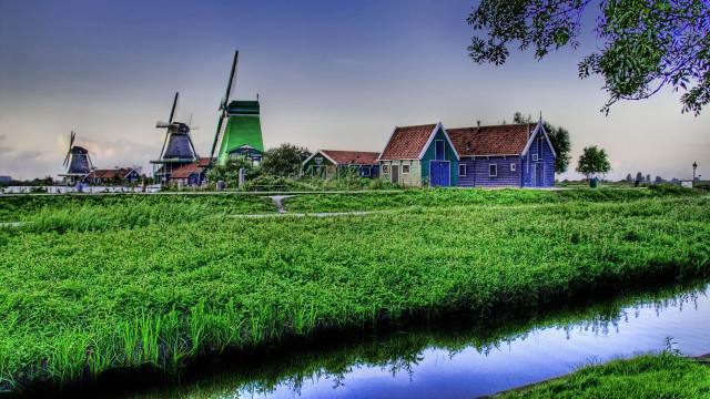 Windmills river field houses ecological free wallpaper for desktop - medium preview image