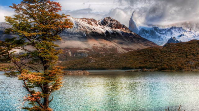 Tree water mountains clouds autumn free wallpaper for desktop - medium preview image
