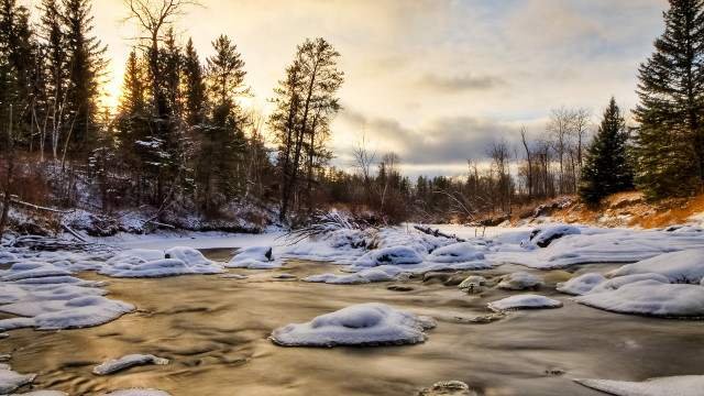 River snow trees cloudy sky #2 free wallpaper for desktop - medium preview image