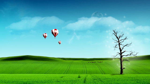 Tree field hotairballoons moon mountains free wallpaper for desktop - medium preview image
