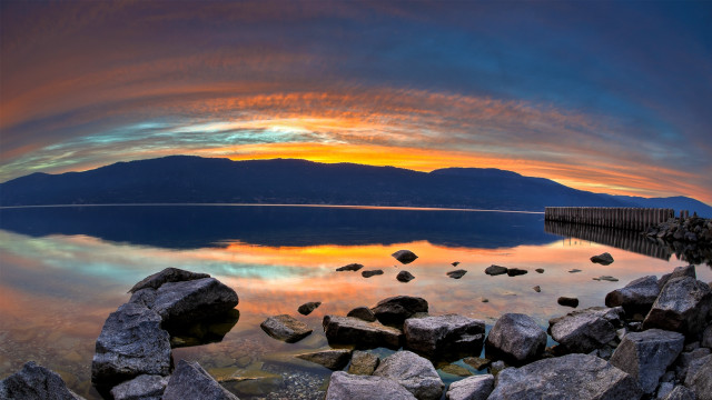Lake rocks dock mountains sky free wallpaper for desktop - medium preview image