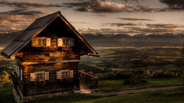 Cabin valley mountains sunset clouds free wallpaper for desktop - medium preview image