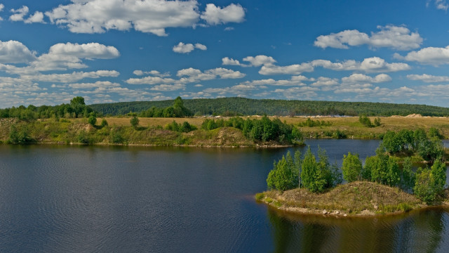 Lake trees hill clouds islands free wallpaper for desktop - medium preview image