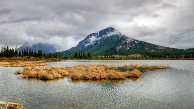 Mountain lake grass cloudy sky free wallpaper for desktop - medium preview image