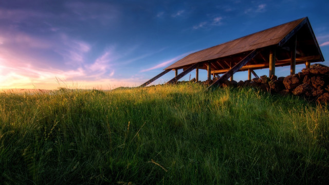 Wooden structure field sunset clouds free wallpaper for desktop - medium preview image